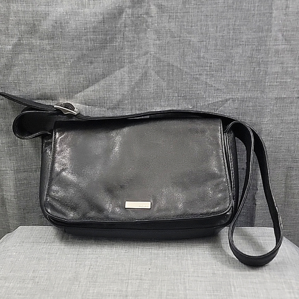 Picard Small Black Leather Messenger flap Shoulder Bag w/ Silver Buckle Hardware
